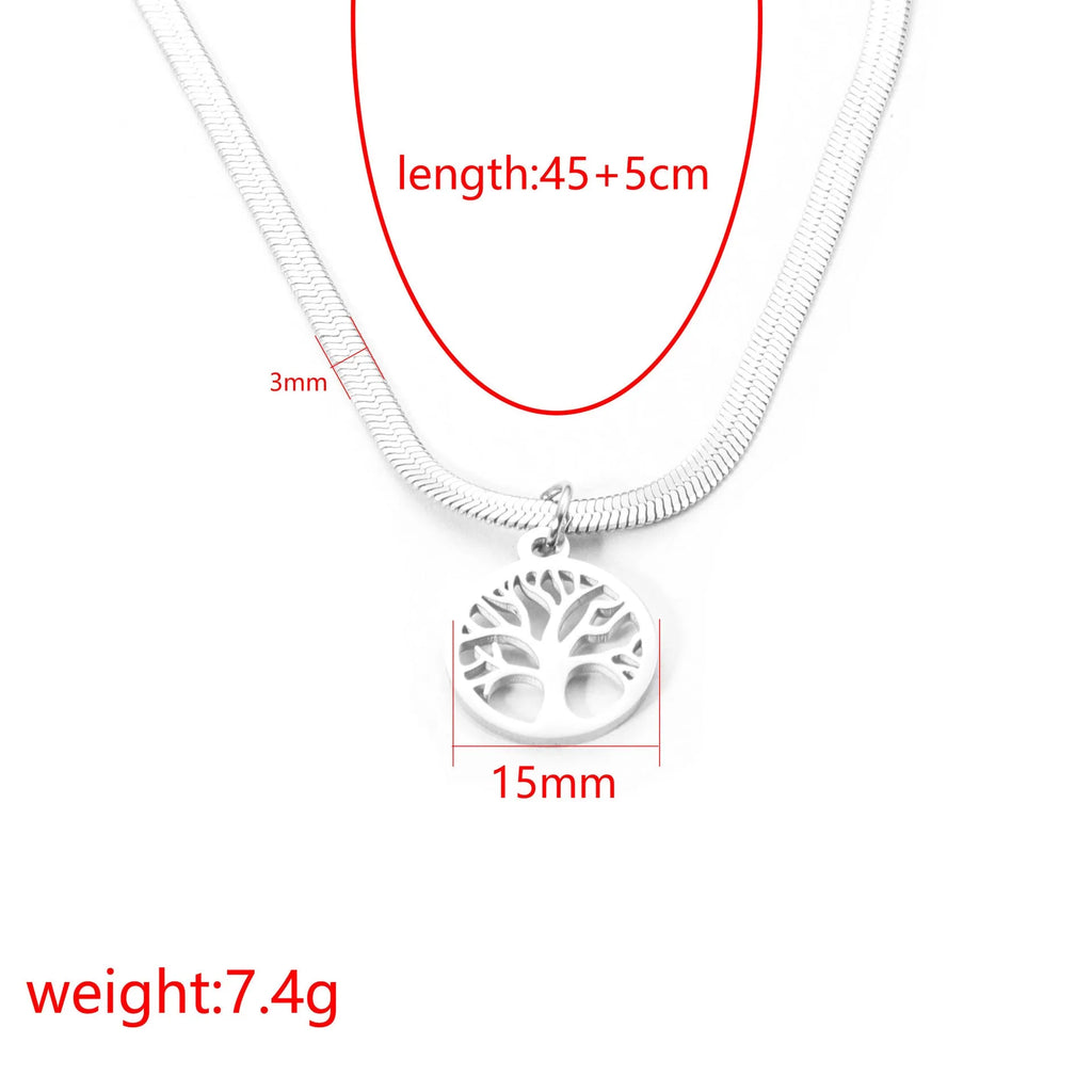 Stainless steel lucky tree pendant necklace on a snake bone chain, shown in gold and steel colour options.