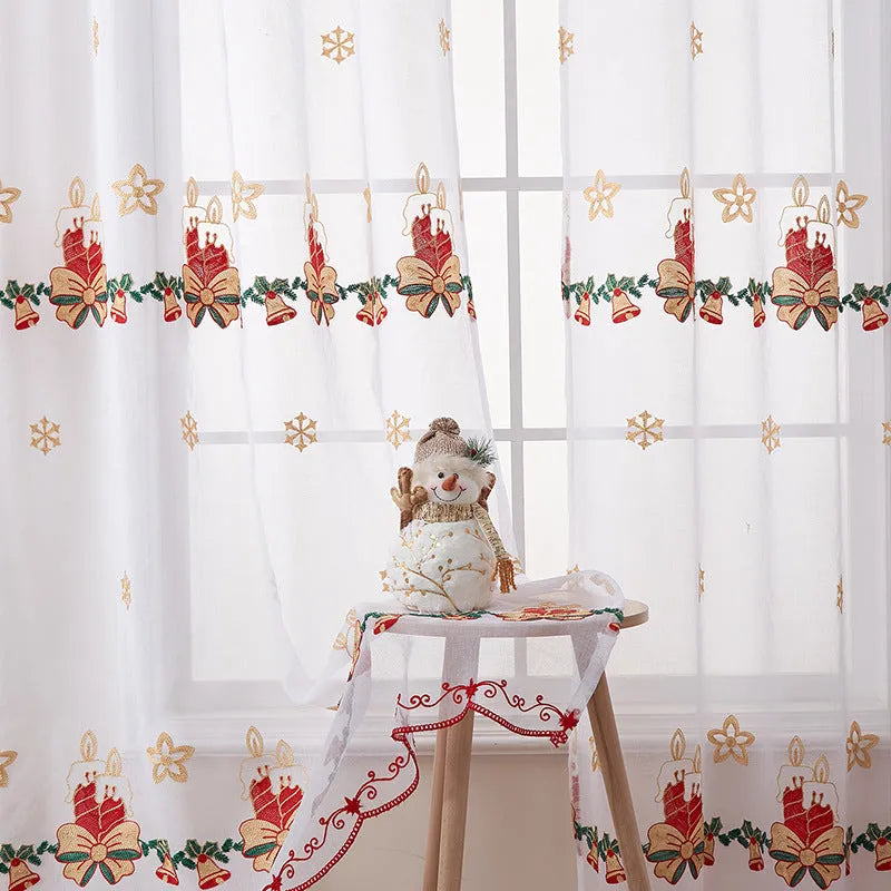 Pair of red and white Christmas curtains with embroidered snowflakes, showing semi-sunshade fabric.