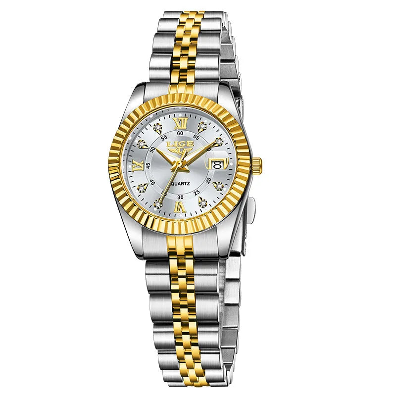Ladies waterproof quartz fashion watch with 10mm thickness in gold and silver colour options
