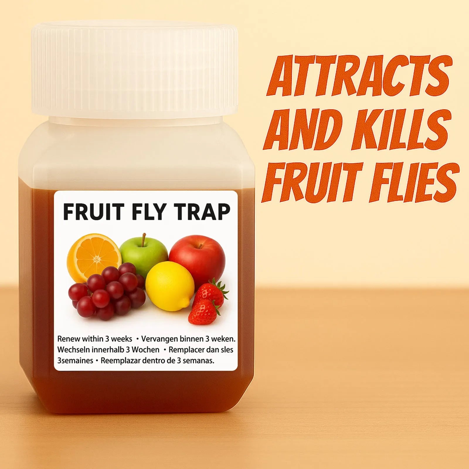 Bottle of fruit fly bait liquid with specification options for indoor pest control