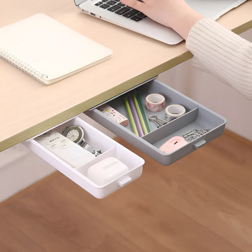 Adhesive plastic storage drawer with lid and internal grid divider for under-desk organisation