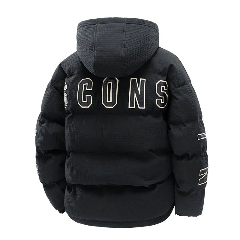 Men's black hooded padded cardigan jacket with side pockets on a neutral background.