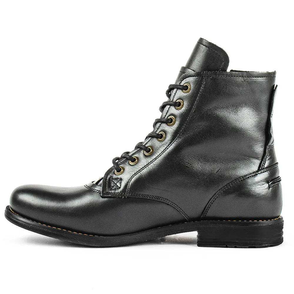 Knight Series men's black leather boot with side zipper and low heel