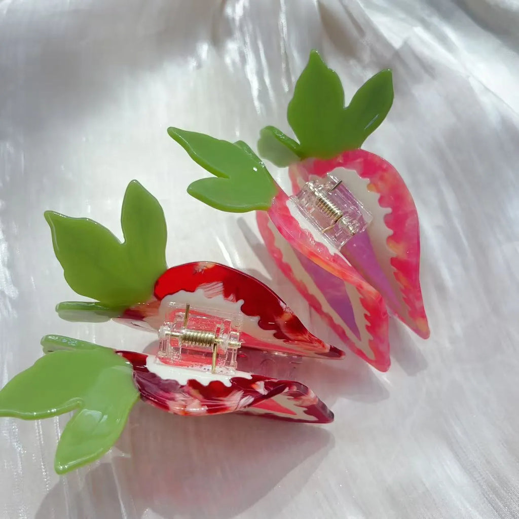 Strawberry hairpin for girls in red or pink colour with handmade pastoral style