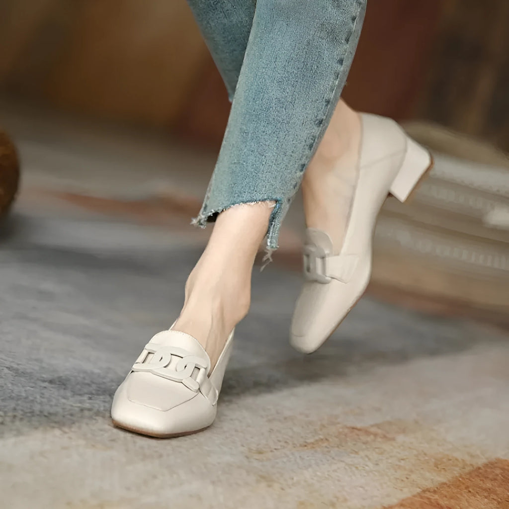 Women's British style chunky heel pumps loafer in beige solid colour, square toe, one-pedal design