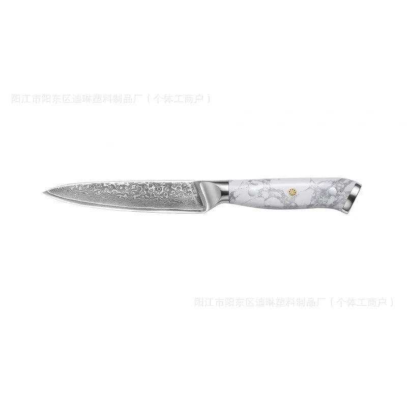 Damascus style combined chef's knife with VG10 steel blade, 21cm blade length on a wooden surface.
