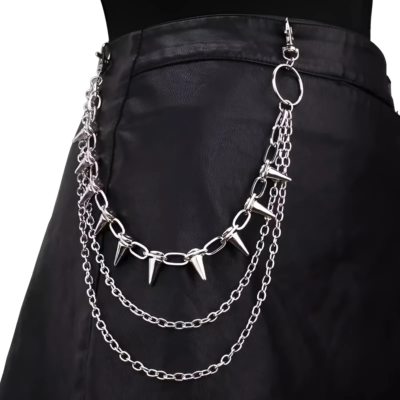 Silver metal pant chain with double layer design and rivet decoration for women's dark punk fashion