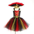 Girls sleeveless Pirates of the Caribbean Halloween costume dress with sequin and mesh detailing on a hanger.