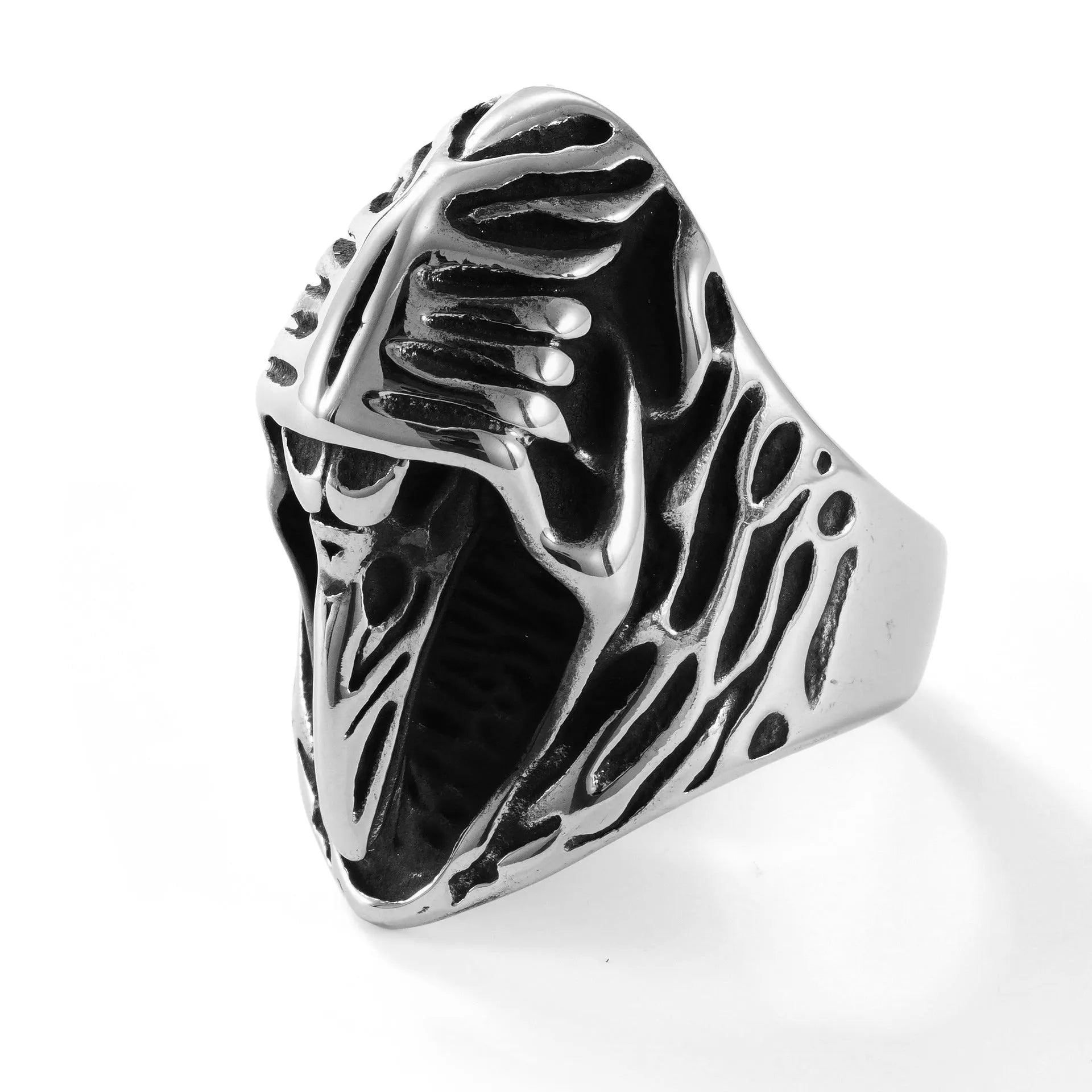 Crow design geometric stainless steel punk ring in MR166 colour on a grey background.