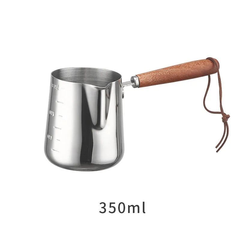 Stainless steel coffee cup with wooden handle and garland design in three capacity options