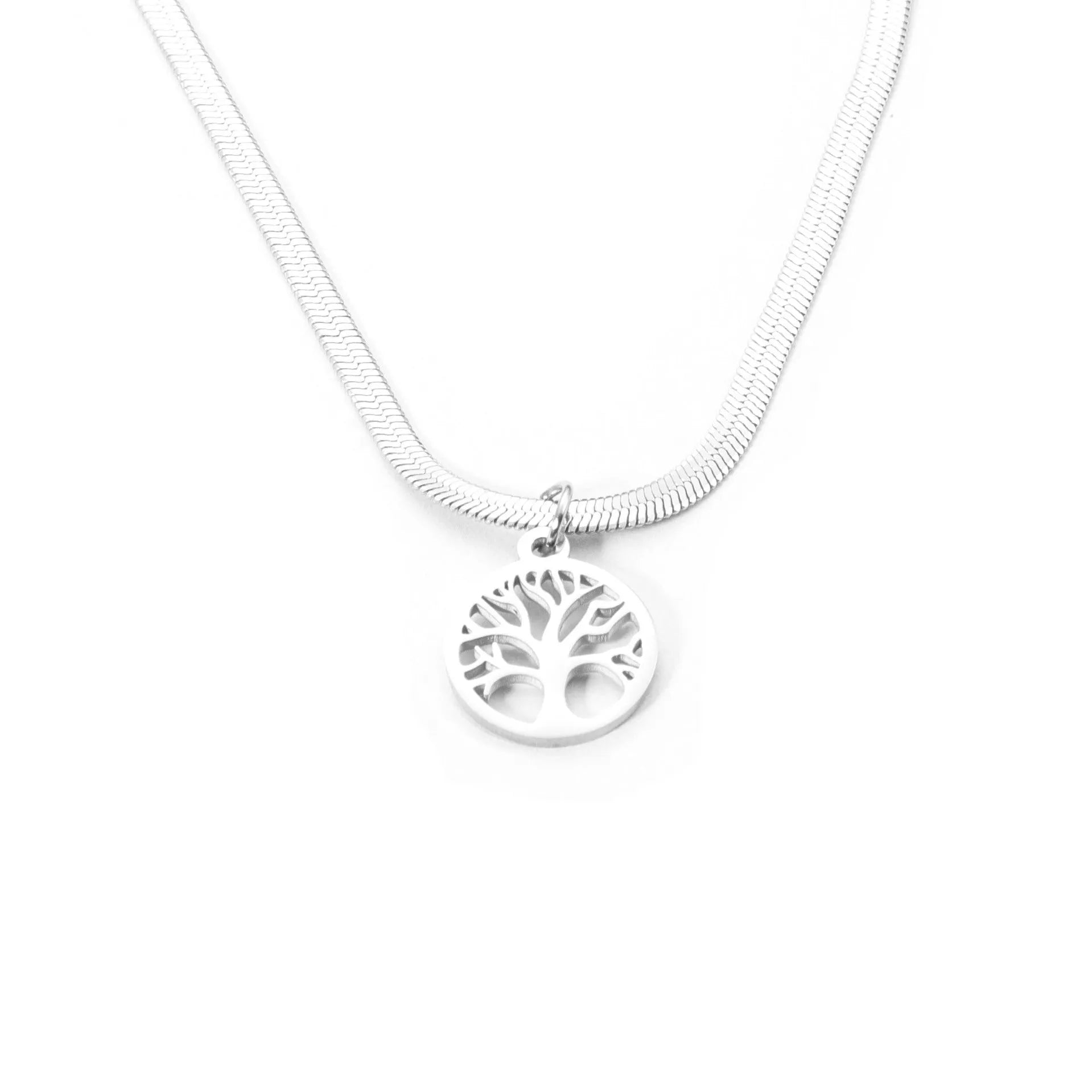 Stainless steel lucky tree pendant necklace on a snake bone chain, shown in gold and steel colour options.
