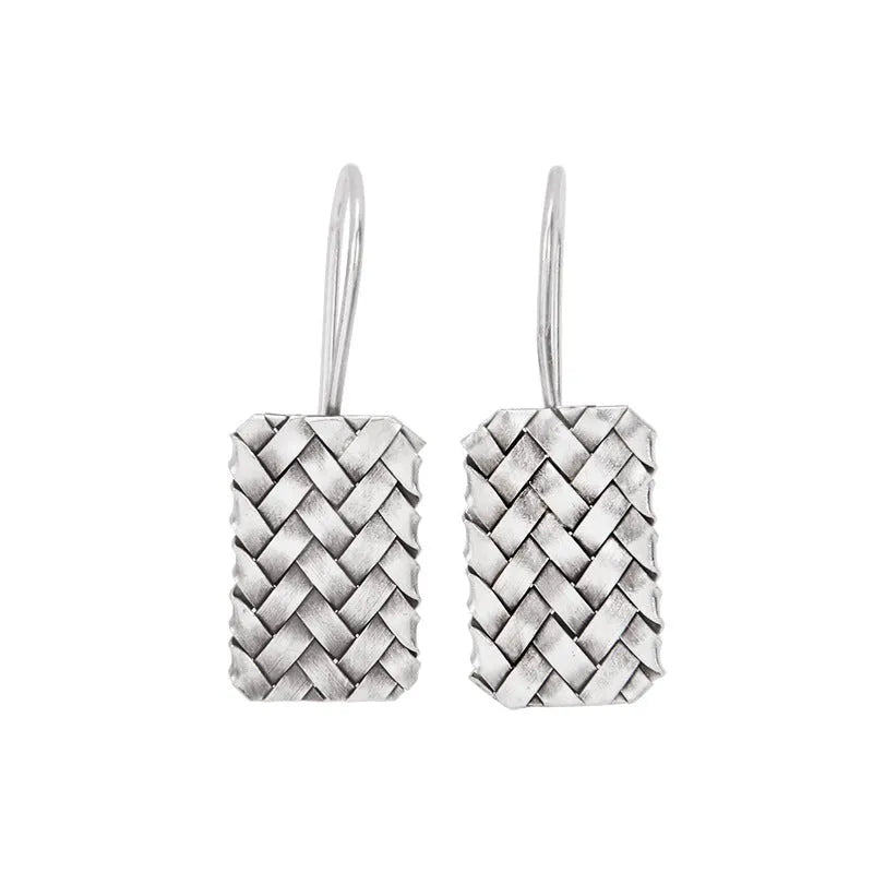 Women's silver woven diamond plaid geometric earrings 17.5mm 925 sterling silver