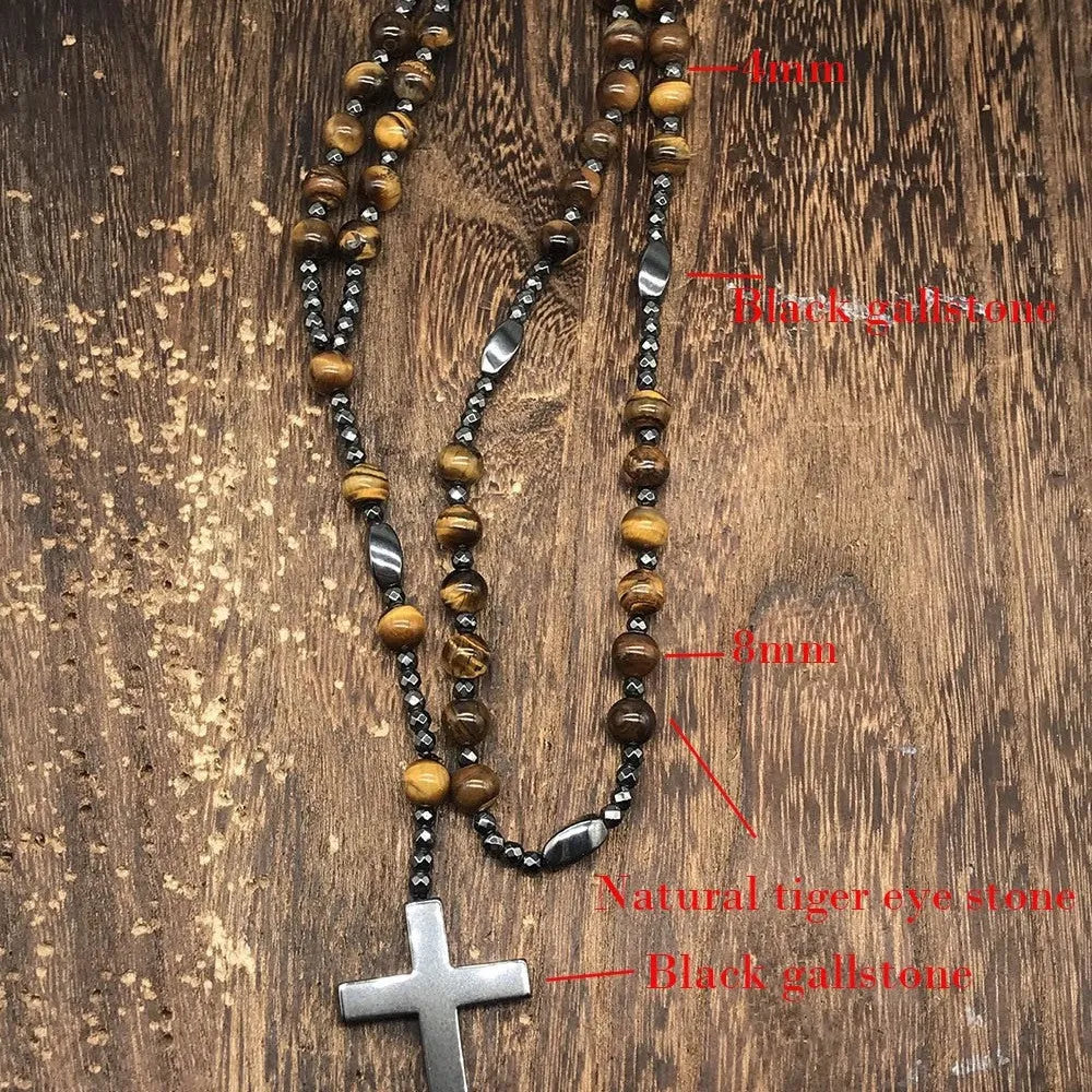 Men's stone cross pendant necklace on ball bead chain with safety lock clasp