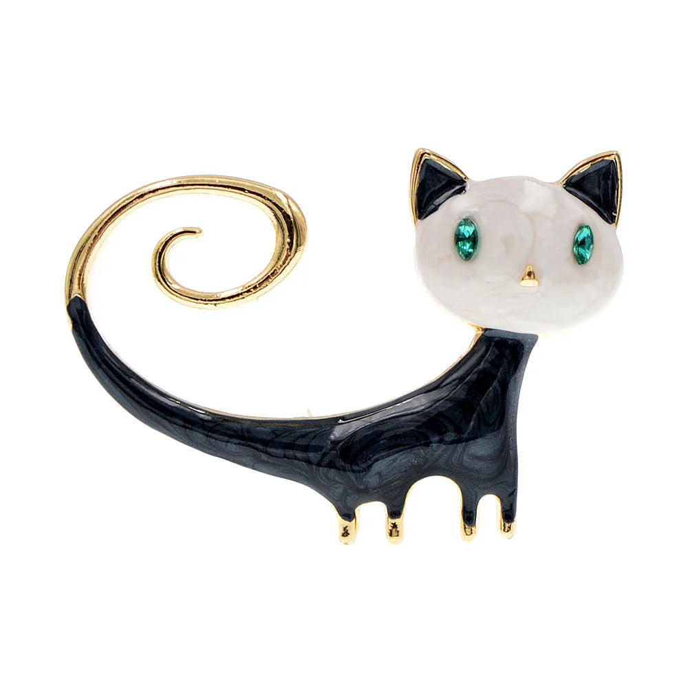 Personalised painted tailing up kitty brooch in alloy with cat motif, showing white and orange colour options