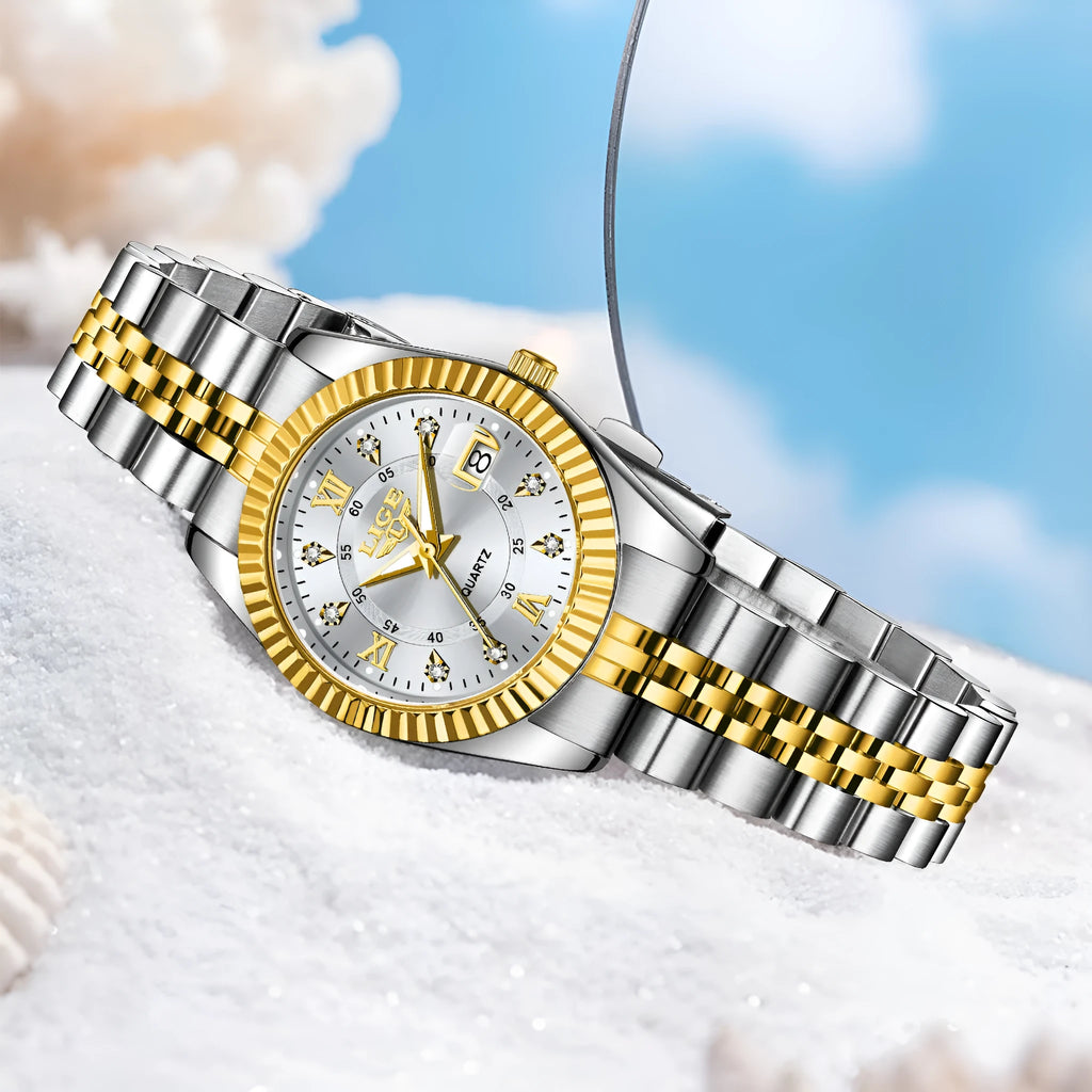 Ladies waterproof quartz fashion watch with 10mm thickness in gold and silver colour options