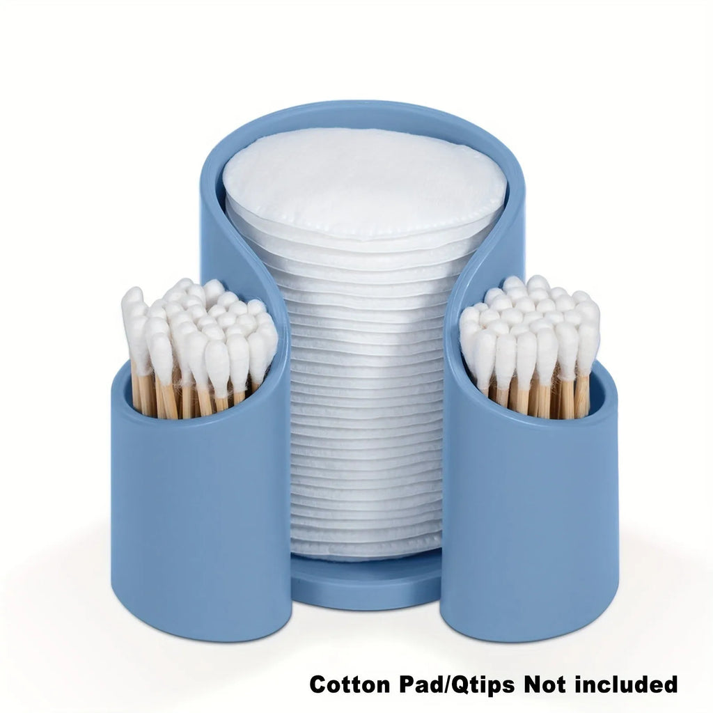 Modern solid colour plastic cotton storage box with an integrated dental floss dispenser.