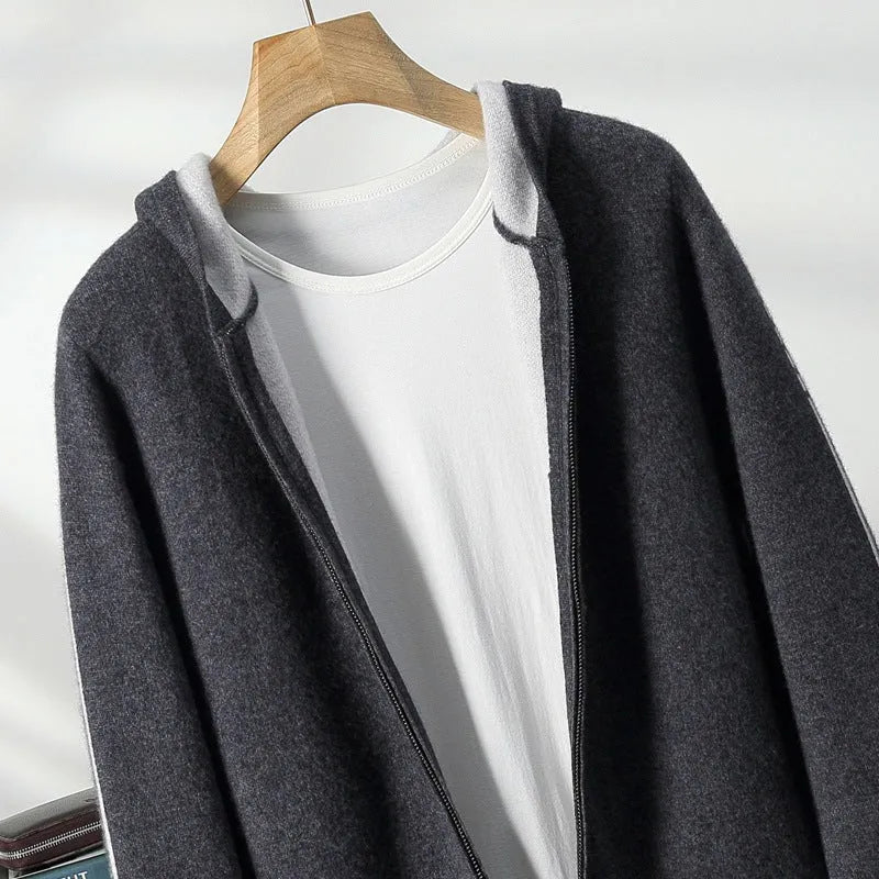 Men's dark blue cashmere cardigan sweater with half-high collar and front zipper