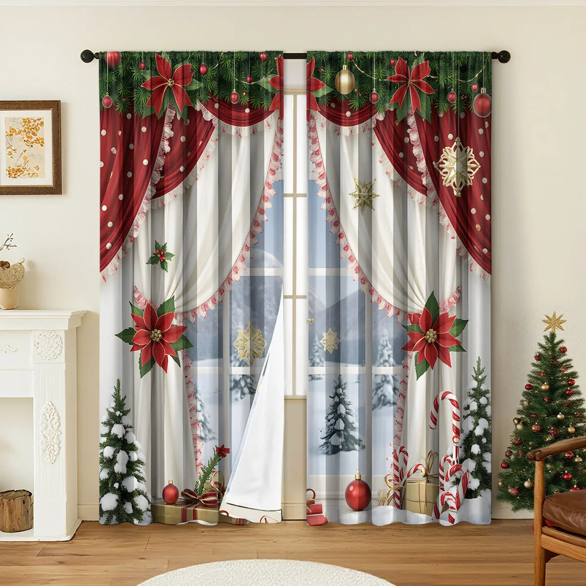 Pair of 3D digitally printed Christmas curtains in European style design on polyester fabric