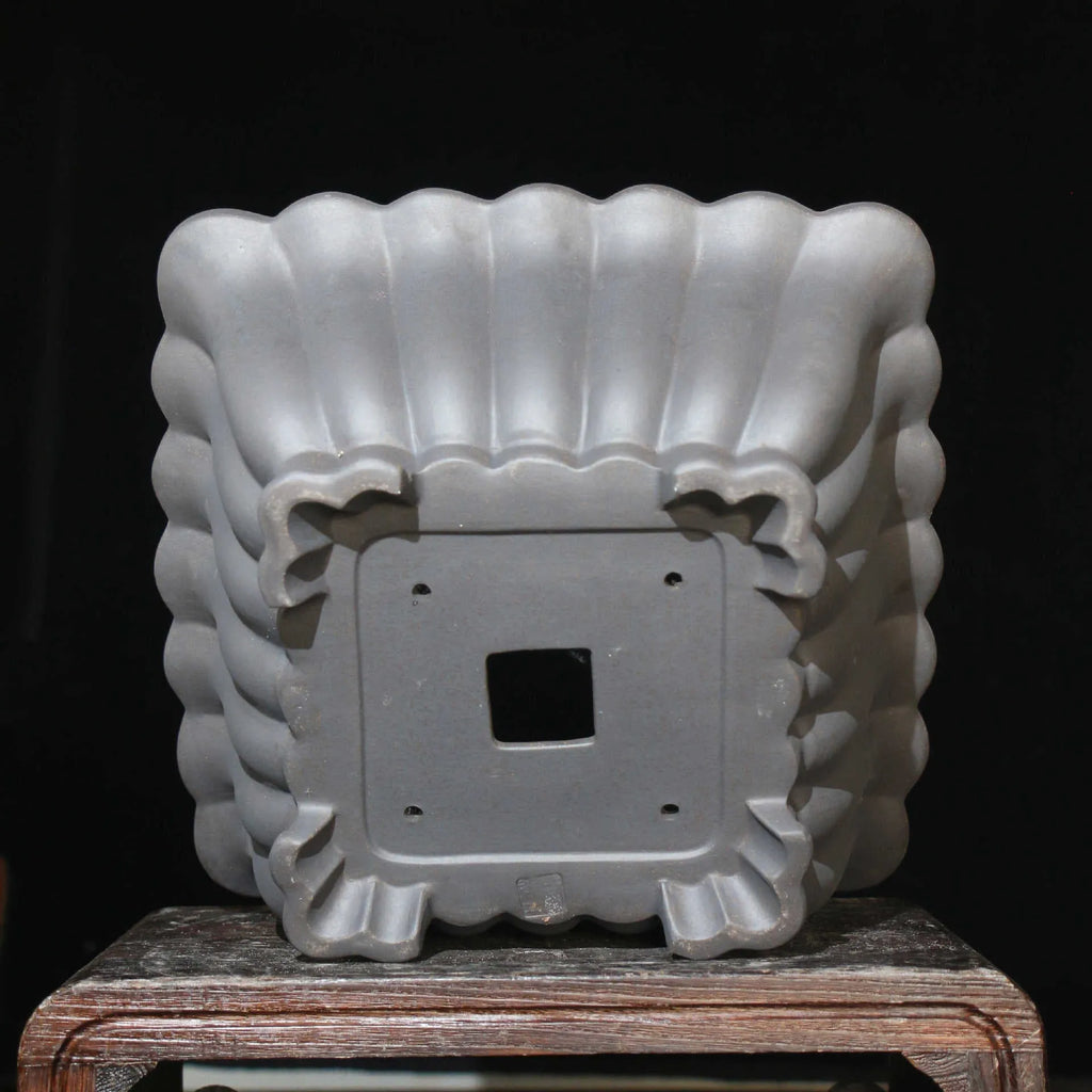 Purple sand ceramic square bonsai pot with classical style and warp device, 37cm inner diameter.