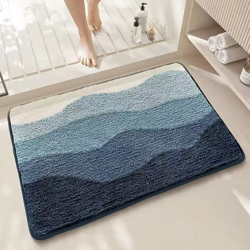 Square polyester fibre floor mat with rainbow pattern, plastic dirt-resistant bottom, in Sky Sea colours