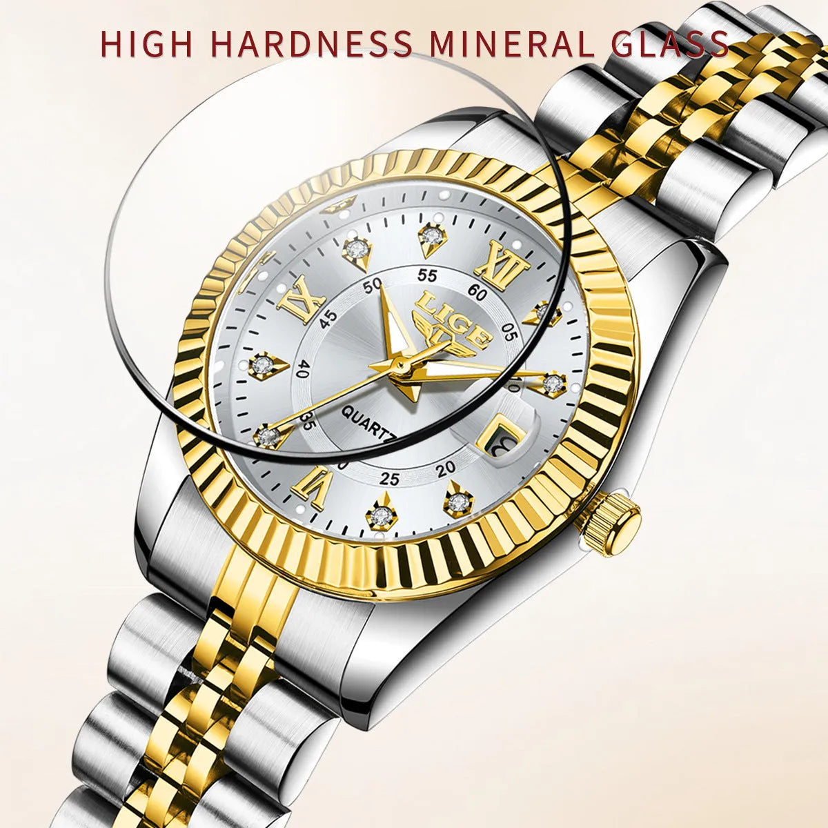 Ladies waterproof quartz fashion watch with 10mm thickness in gold and silver colour options