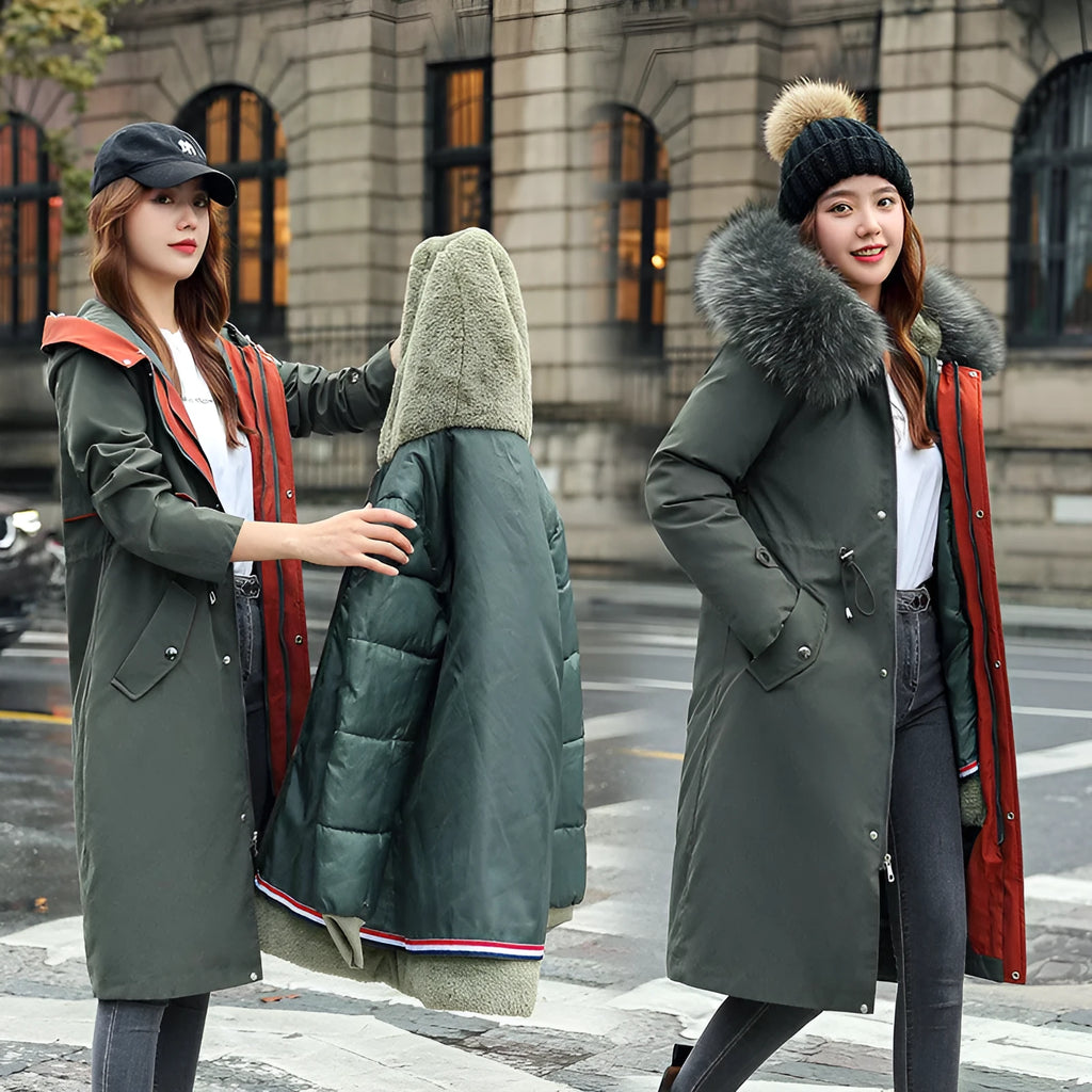 Women's long white cotton-padded fleece trench coat with down cotton filler, shown in elegant style.