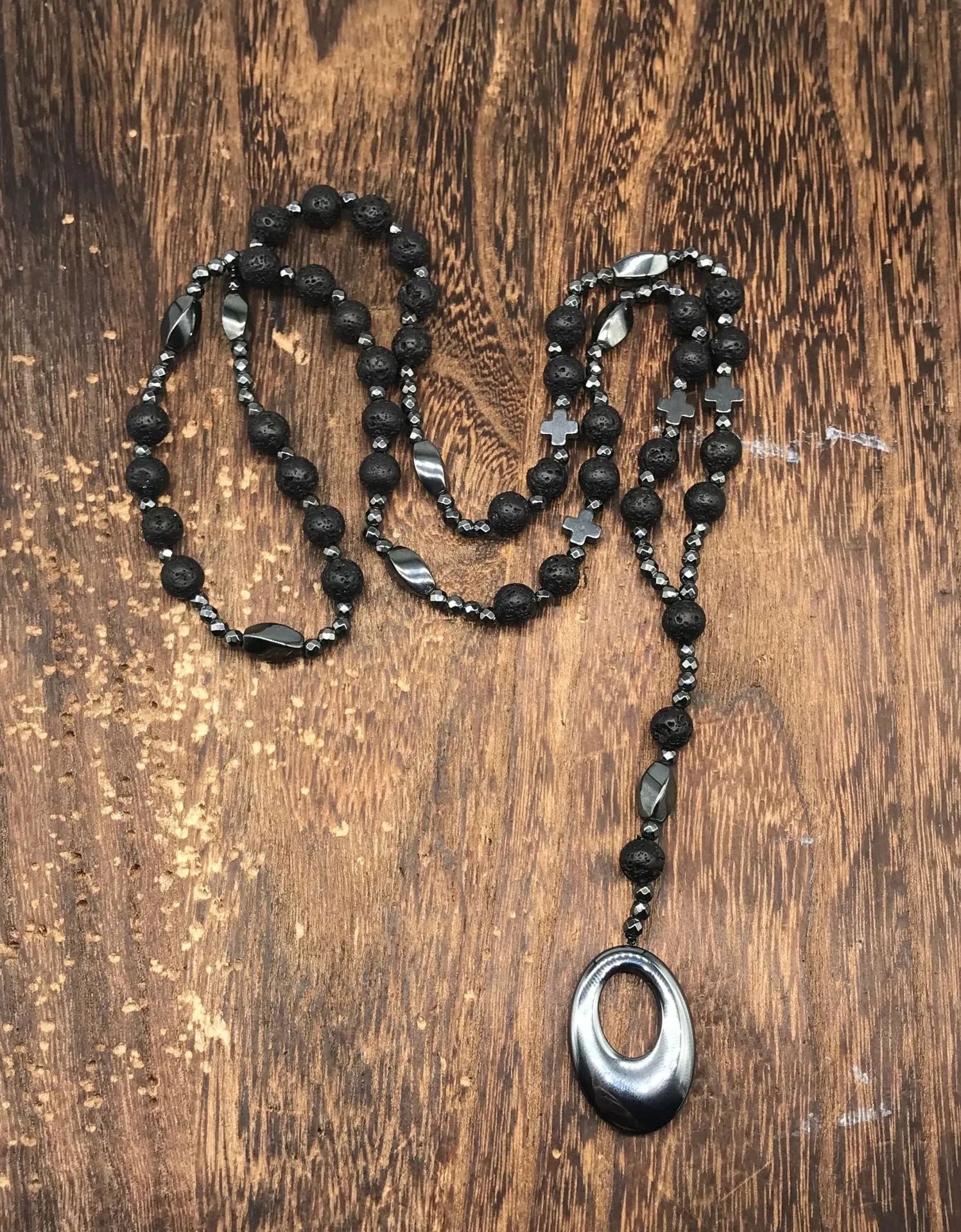 Men's stone cross pendant necklace on ball bead chain with safety lock clasp