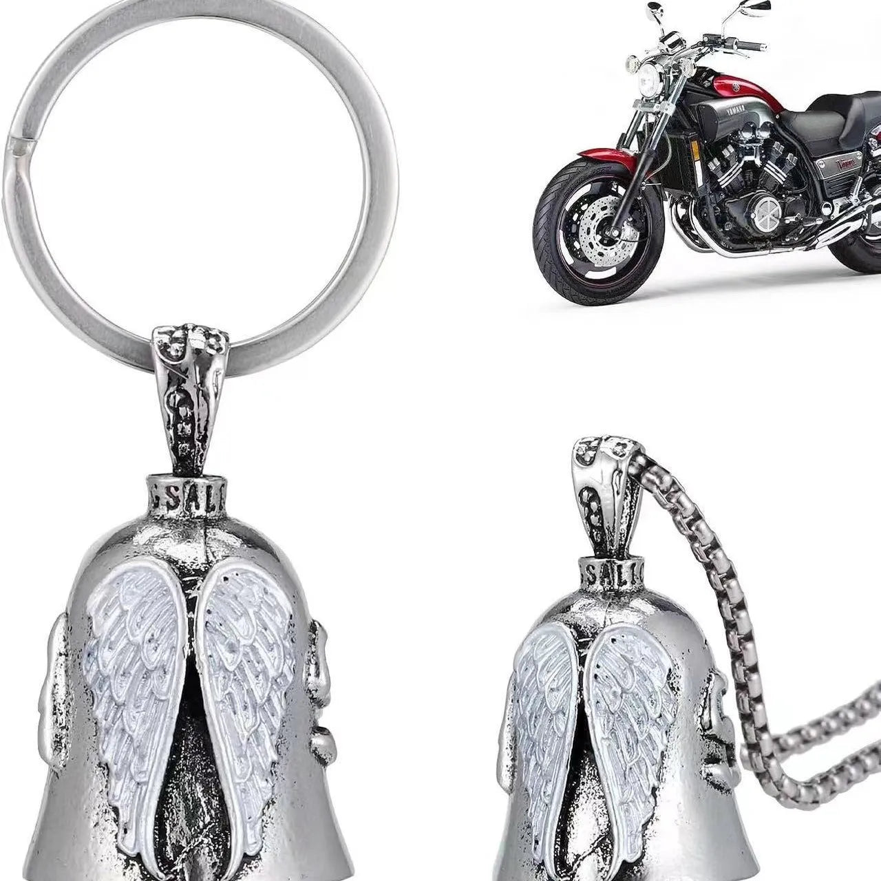 Vintage-style angel feather keychain and necklace set with electroplated finish