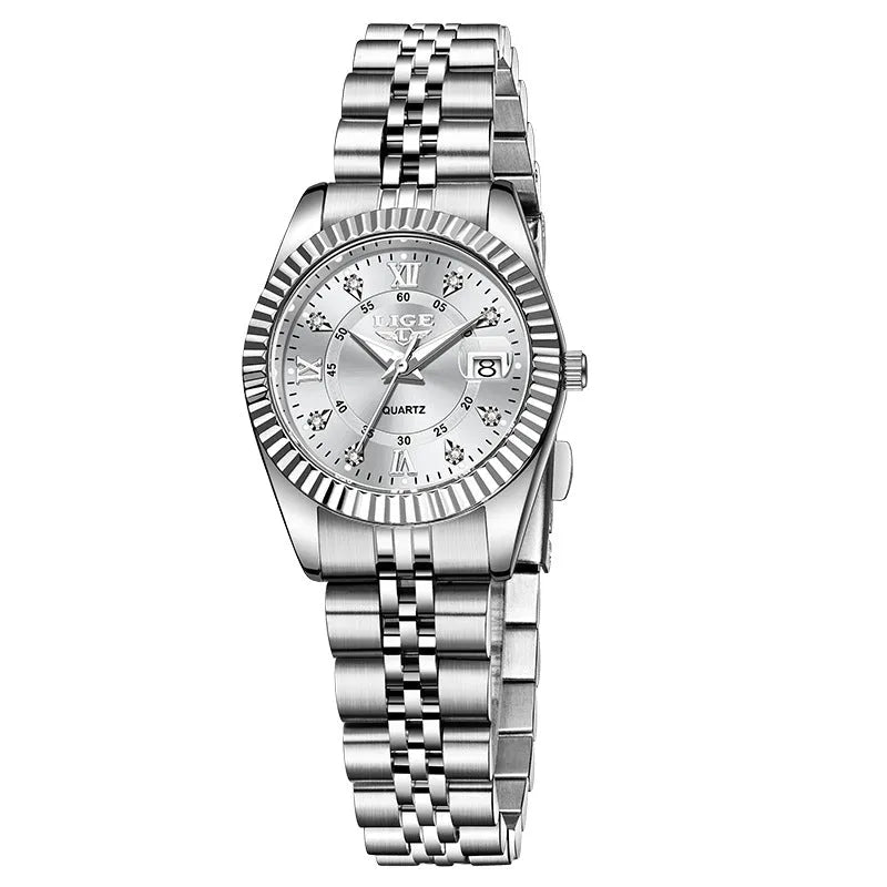 Ladies waterproof quartz fashion watch with 10mm thickness in gold and silver colour options