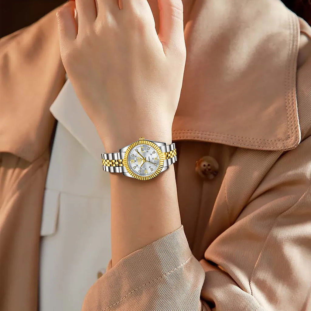 Ladies waterproof quartz fashion watch with 10mm thickness in gold and silver colour options