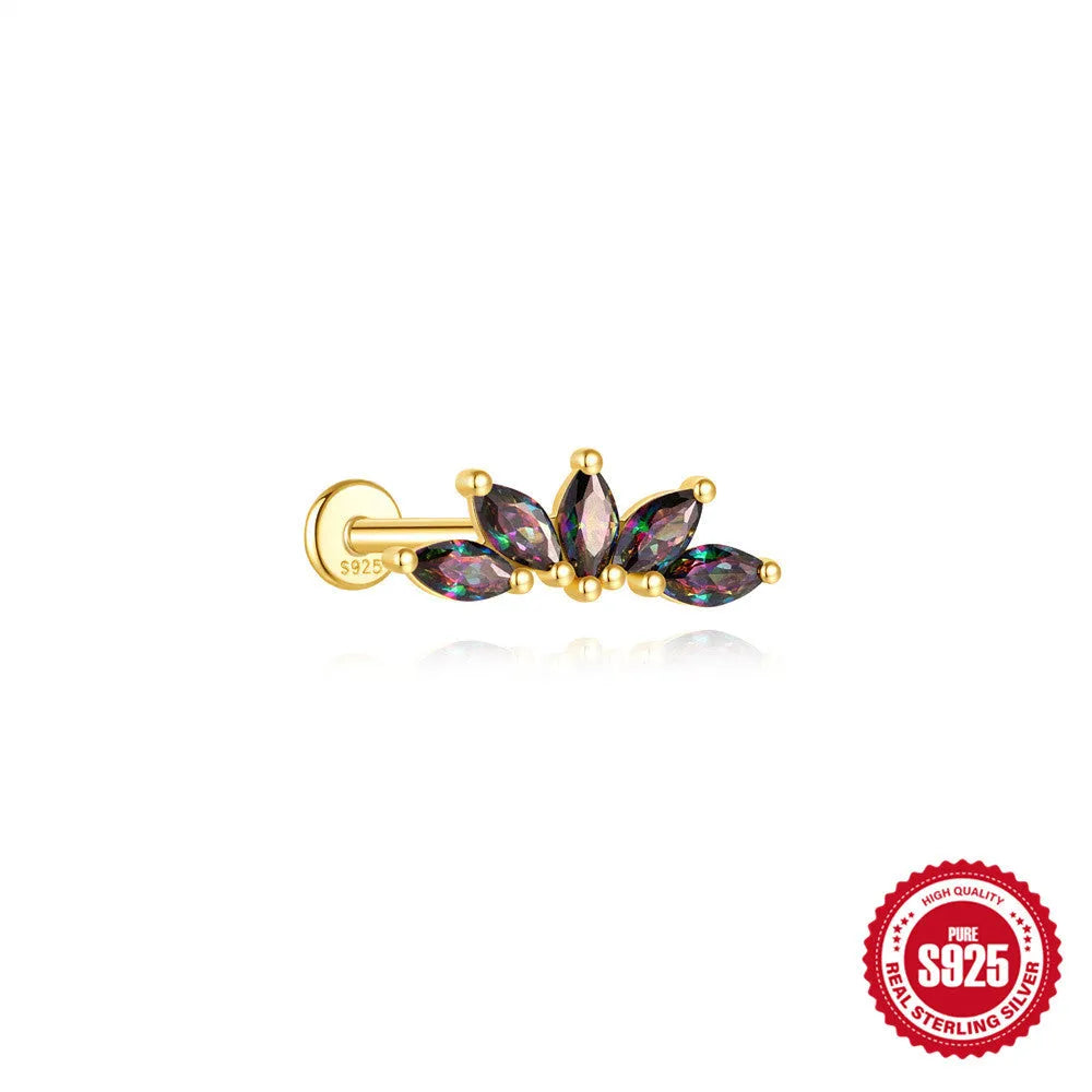S925 sterling silver piercing earrings with rainbow stone flat head thread in gold colours