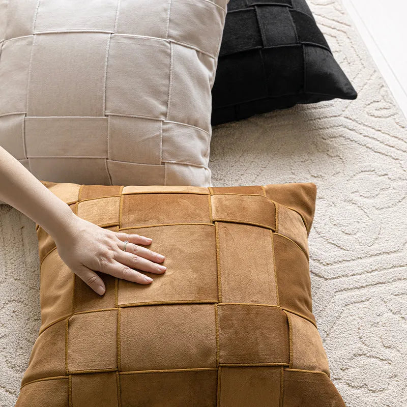 Chenille woven square cushion in beige, black, orange, or other colours, 50x50cm with feather velvet filler