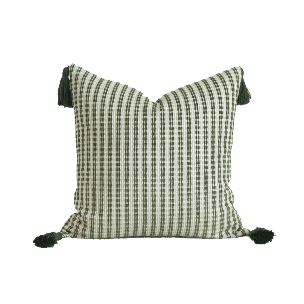 Green cotton linen hotel sample pillow with tassel detail in striped or leaf patterns