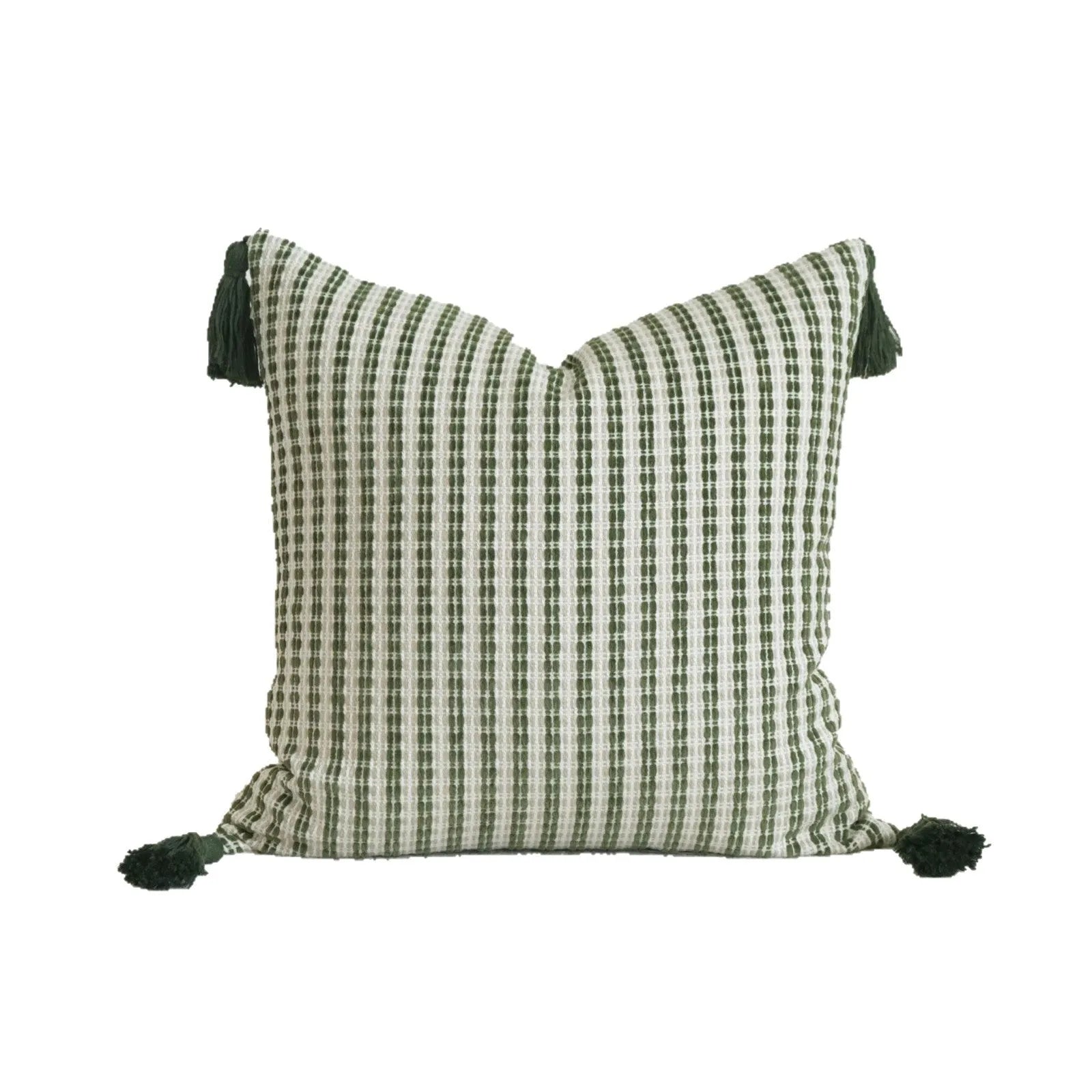 Green cotton linen hotel sample pillow with tassel detail in striped or leaf patterns