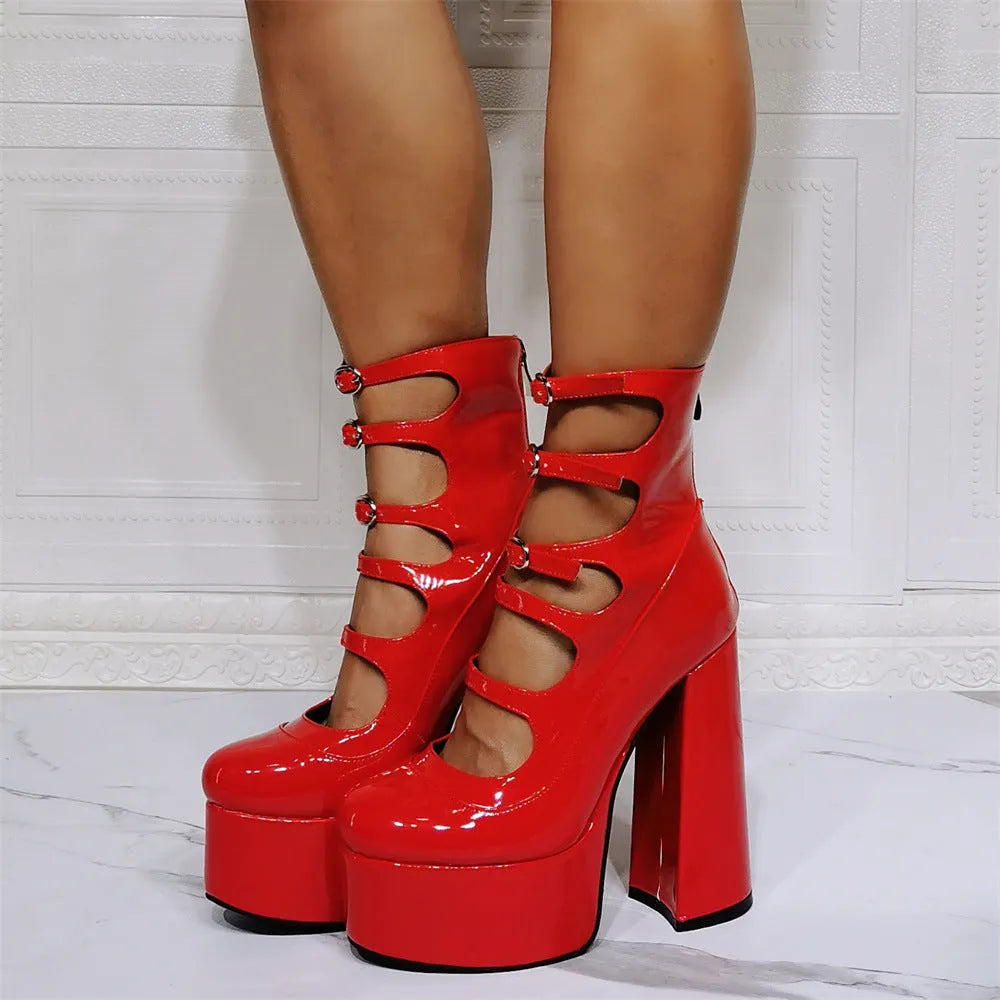 Women's black patent leather platform high heel boots with a thick heel, round toe, and serpentine ankle buckle.