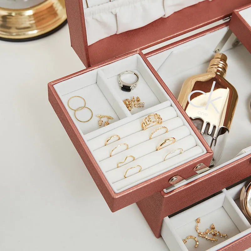 Hard-sided PU leather jewellery storage box in a solid colour.