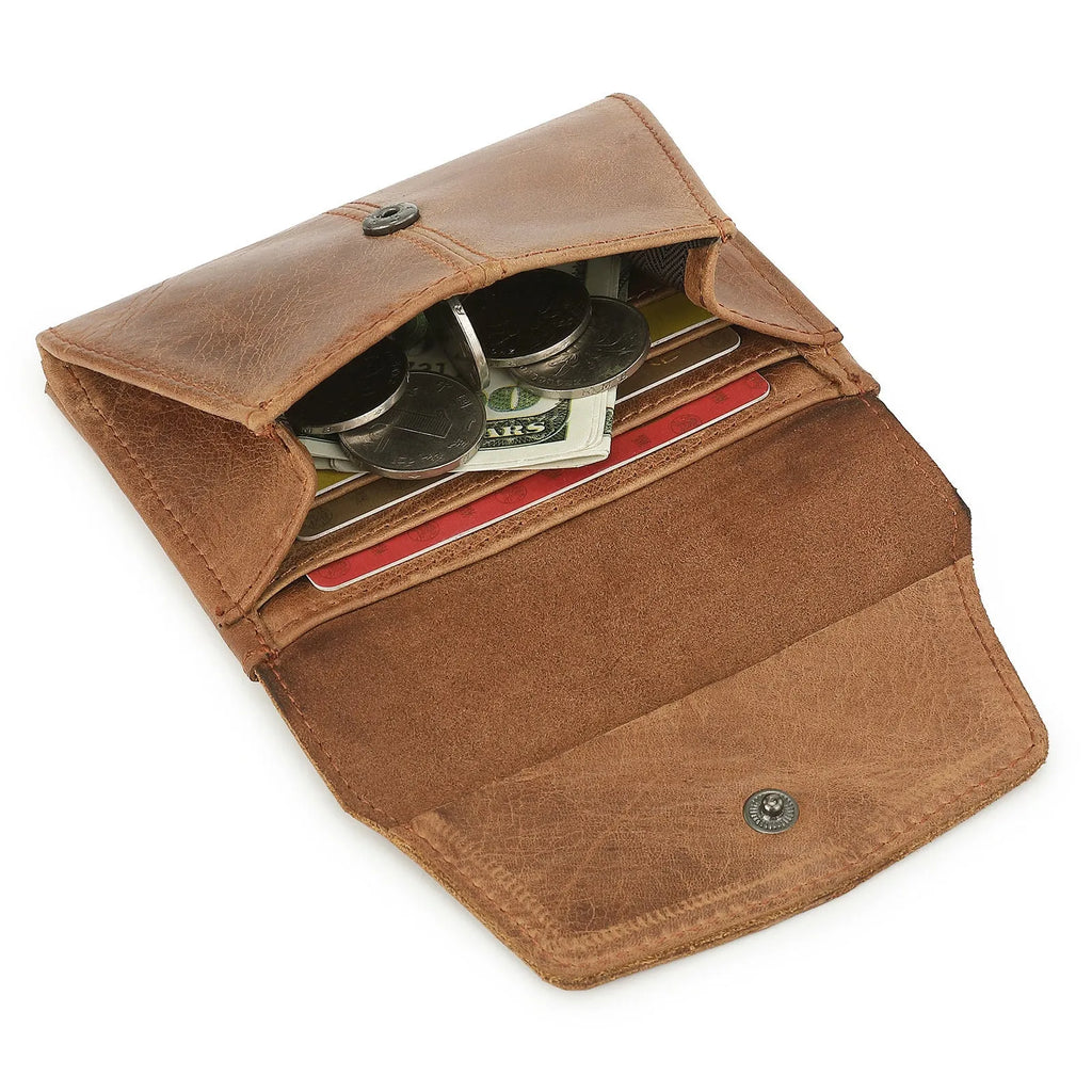 Cowhide genuine leather coin purse with stitching details and lock in retro style