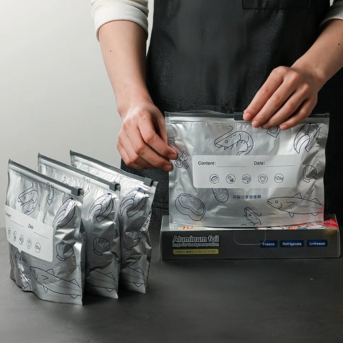 Aluminium foil sealed storage bags in three sizes for food preservation