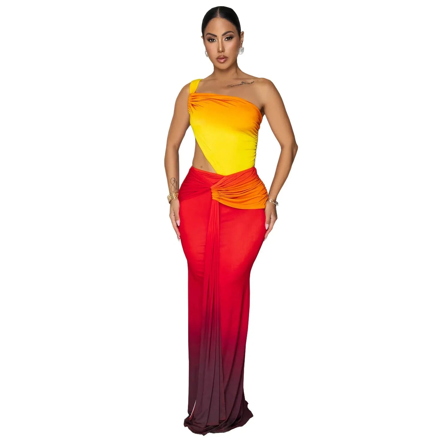 Women's gradient colour cross-shoulder dress with long skirt length in brown, green, or red shades