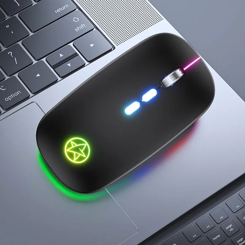 Star black dual-mode Bluetooth wireless mouse with metal roller wheel and 5 buttons