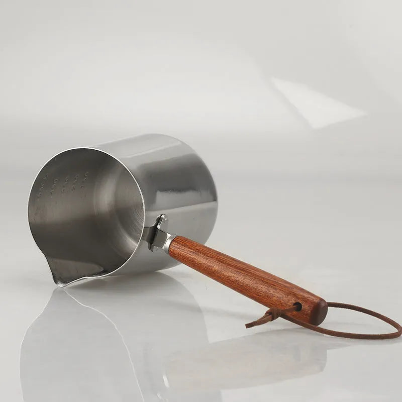 Stainless steel coffee cup with wooden handle and garland design in three capacity options