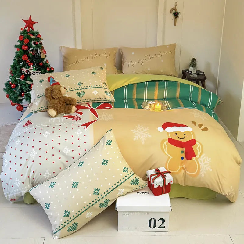 Cartoon printed super soft washed cotton chemical fibre four-piece bedding set on a bed.