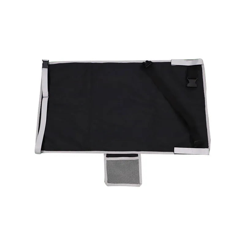 Blue portable children's aircraft seat extender with attached pedal and matching drawstring storage pocket.