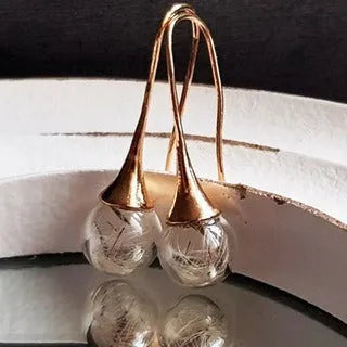 Transparent glass ball earrings with a crystal dandelion seed inside on a French hook, silver and bronze finishes shown.