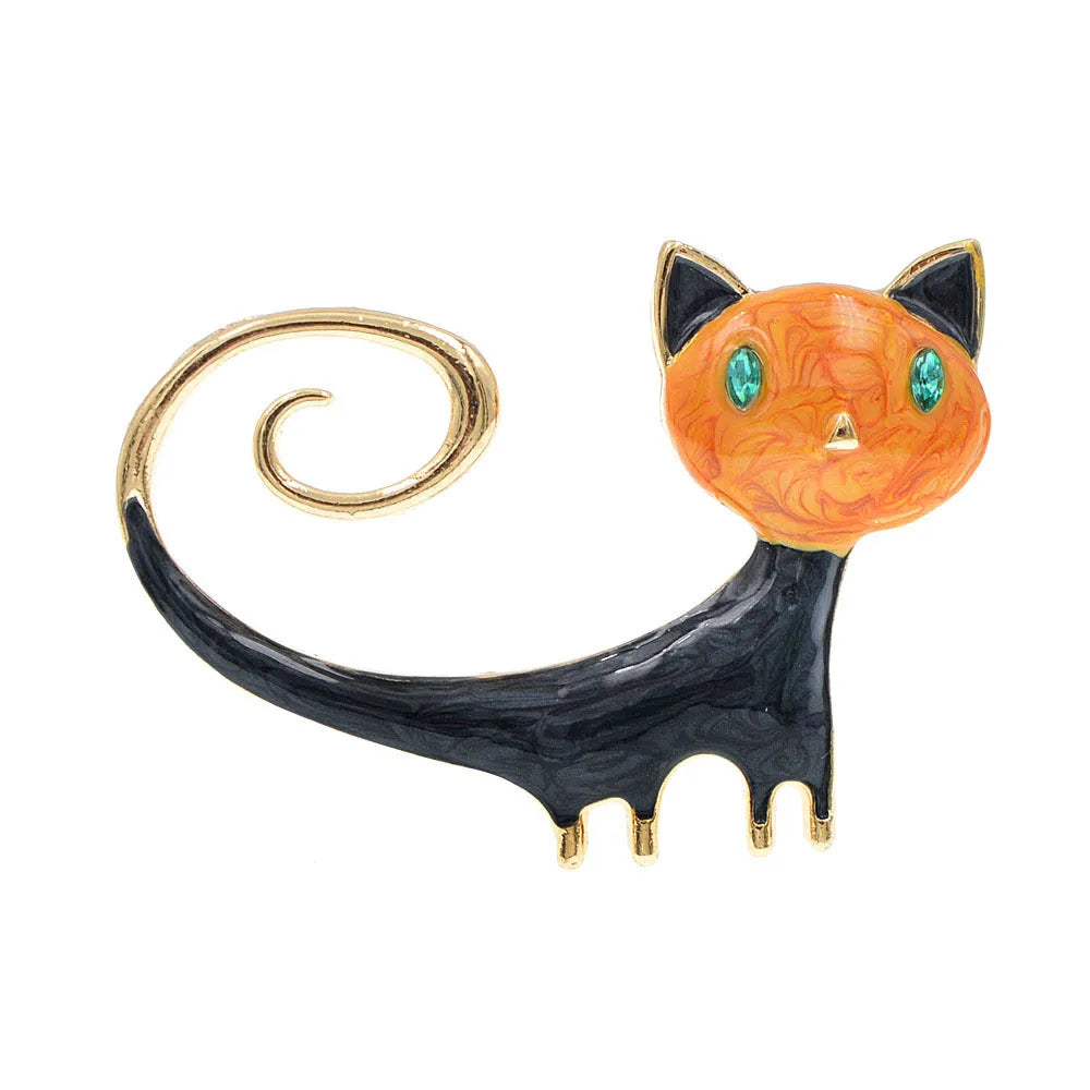 Personalised painted tailing up kitty brooch in alloy with cat motif, showing white and orange colour options