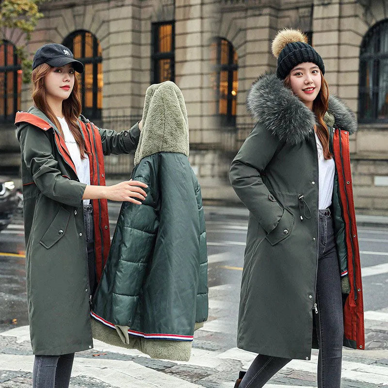 Women's long white cotton-padded fleece trench coat with down cotton filler, shown in elegant style.