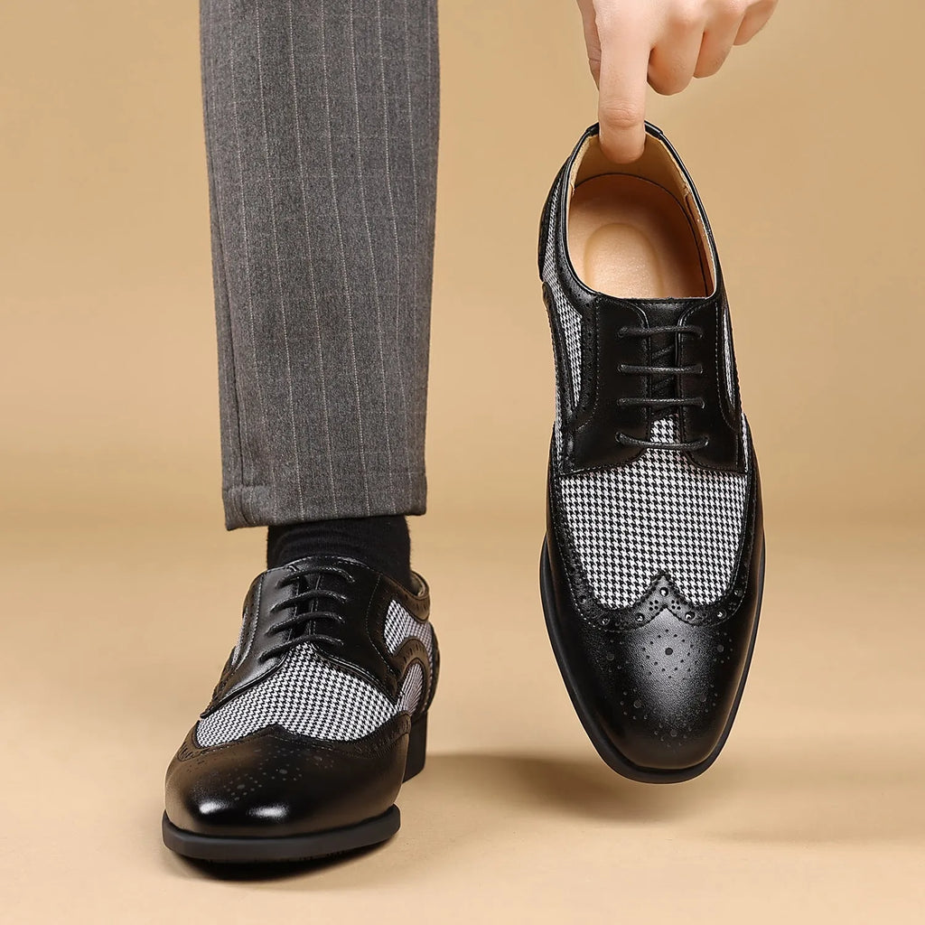 Men's black houndstooth plaid casual shoes with canvas upper, square toe, and rubber sole