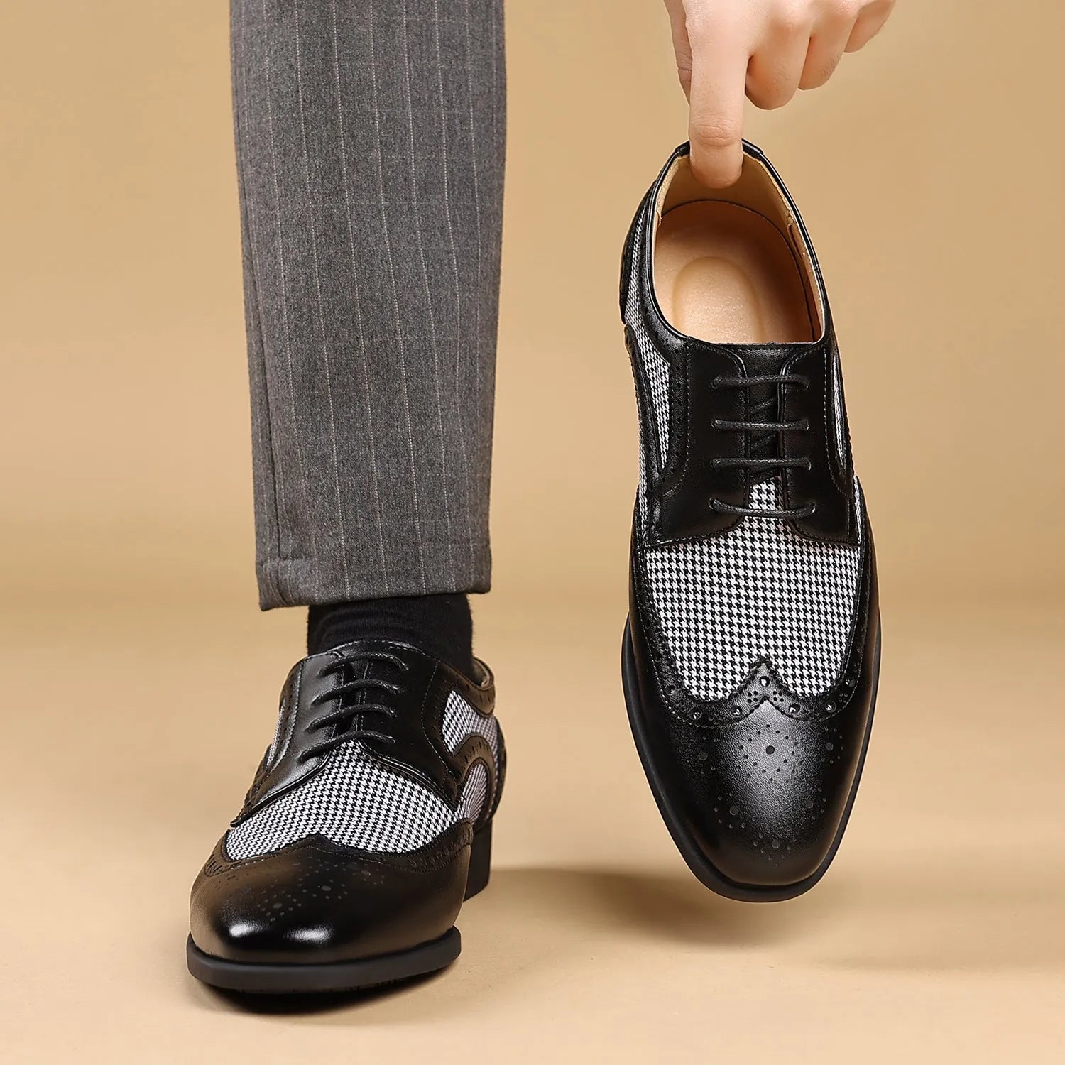 Men's black houndstooth plaid casual shoes with canvas upper, square toe, and rubber sole