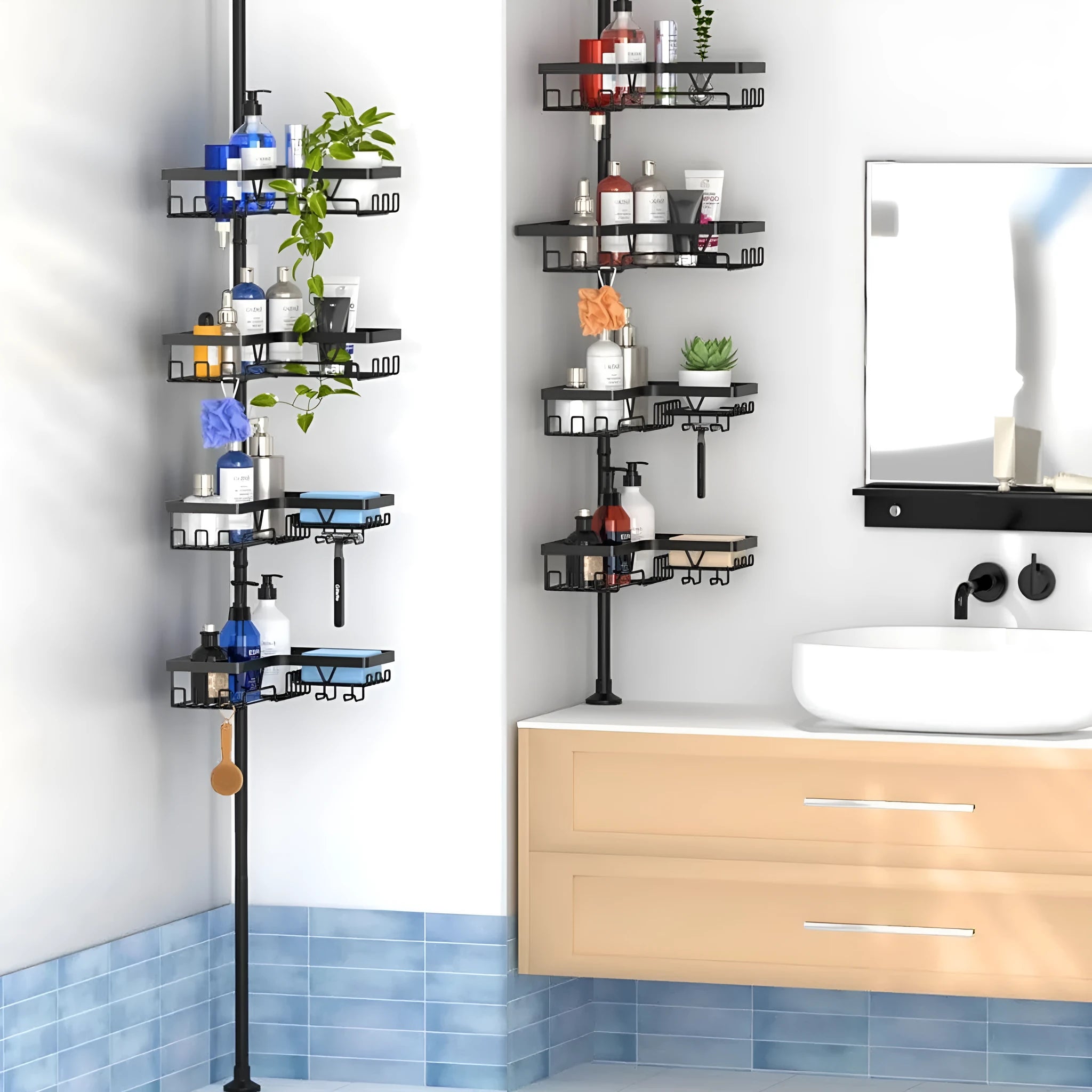 Stainless steel retractable bathroom storage rack with four shelves