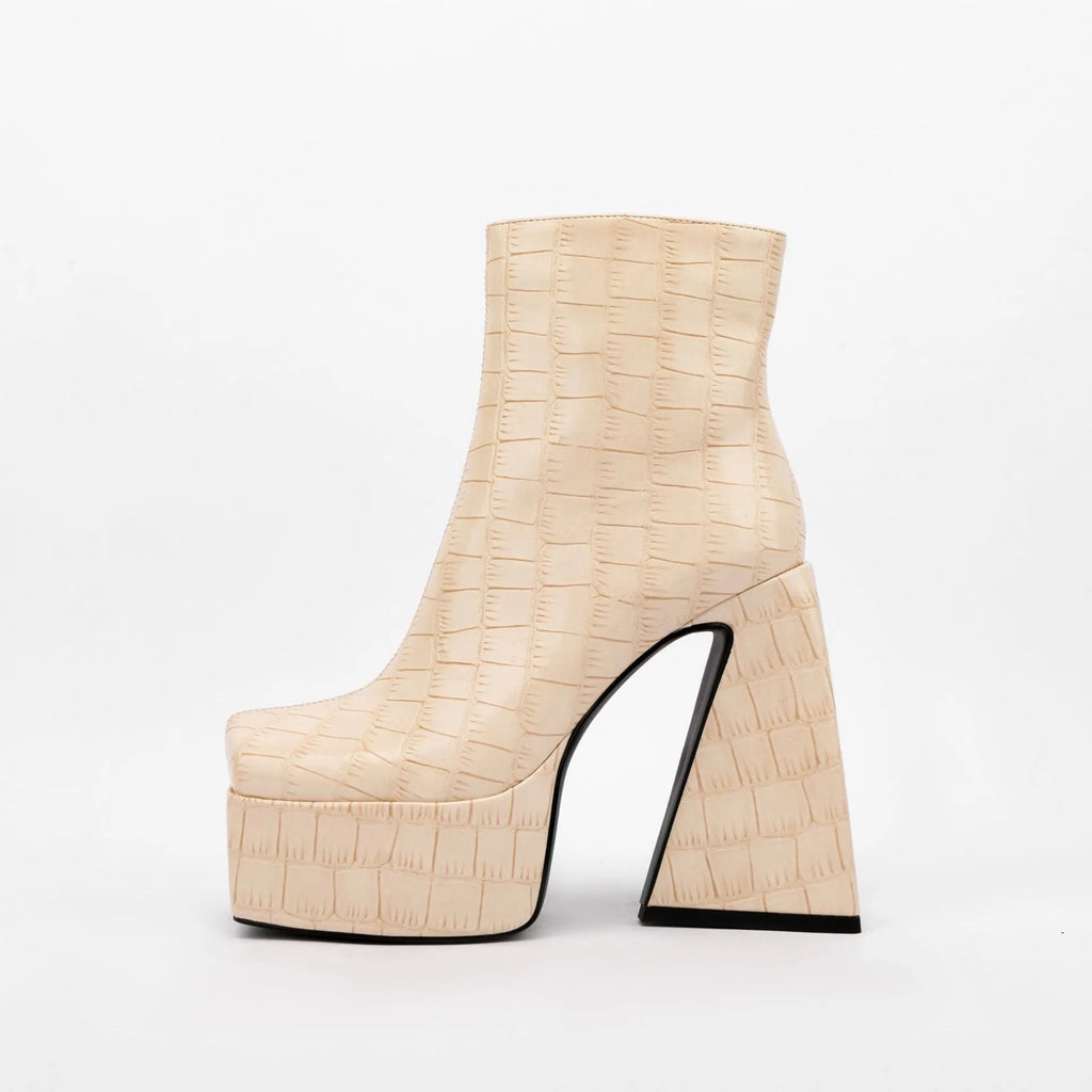 Women's high heel ankle boot in artificial PU, shown in a solid colour with a heel over 8cm high.